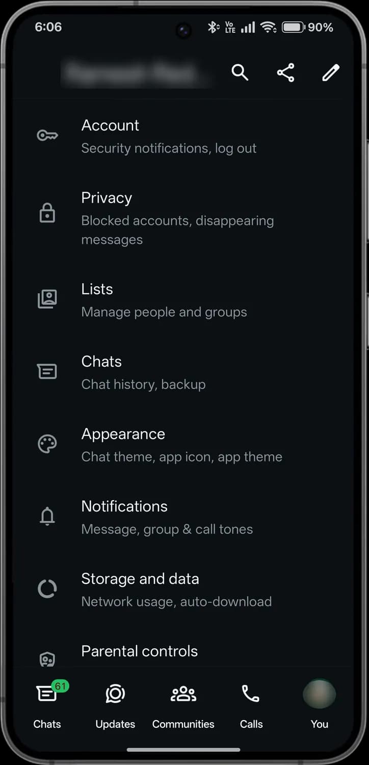 WhatsApp you and settings screen with each icon numbered, screen 2 of 8