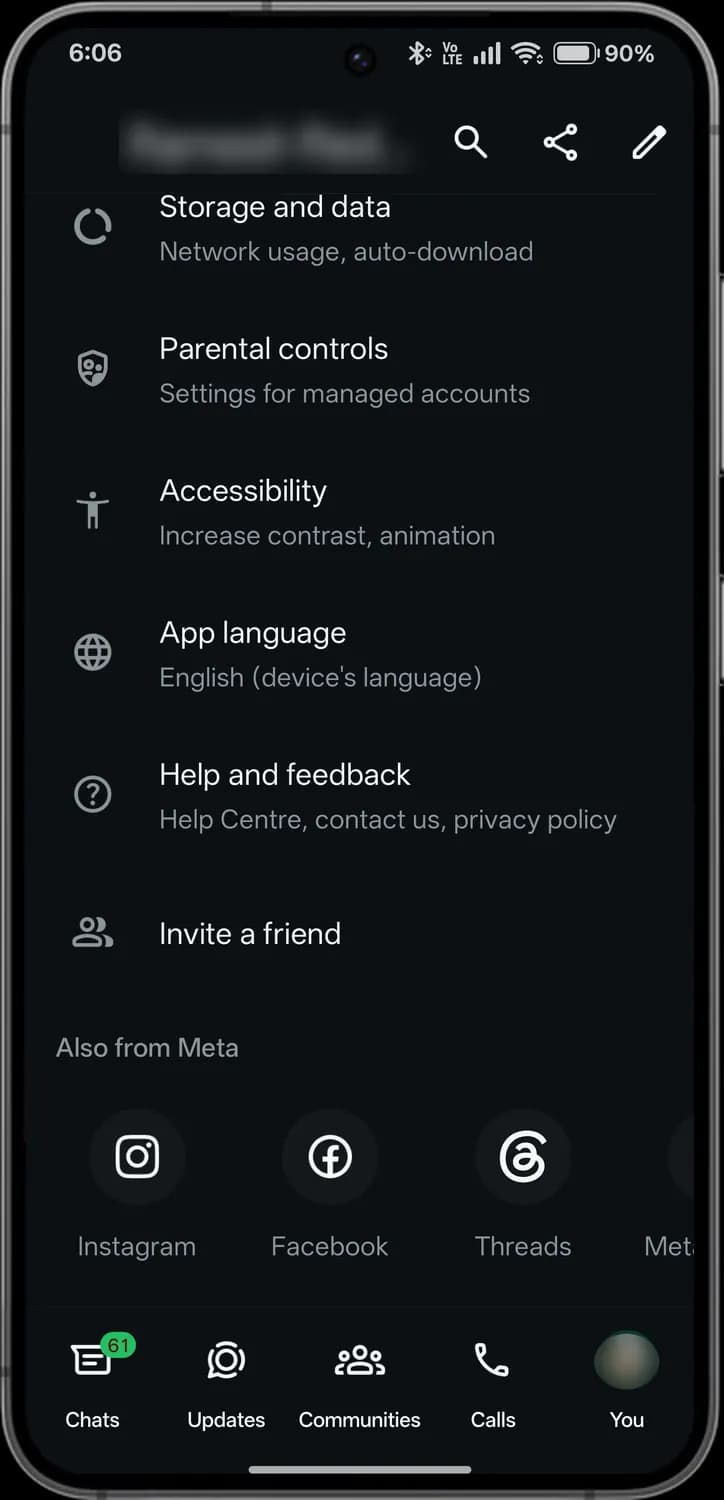 WhatsApp you and settings screen with each icon numbered, screen 3 of 8