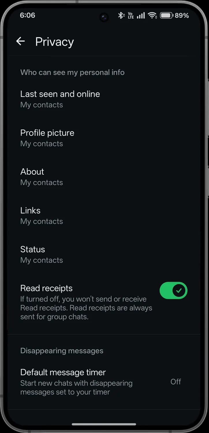 WhatsApp you and settings screen with each icon numbered, screen 5 of 8