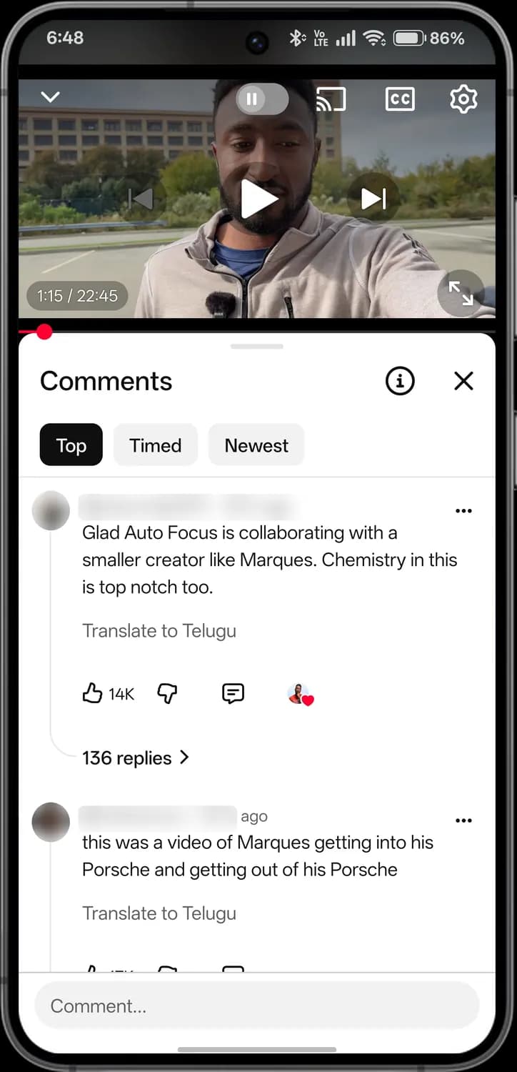 YouTube comments screen with each icon numbered
