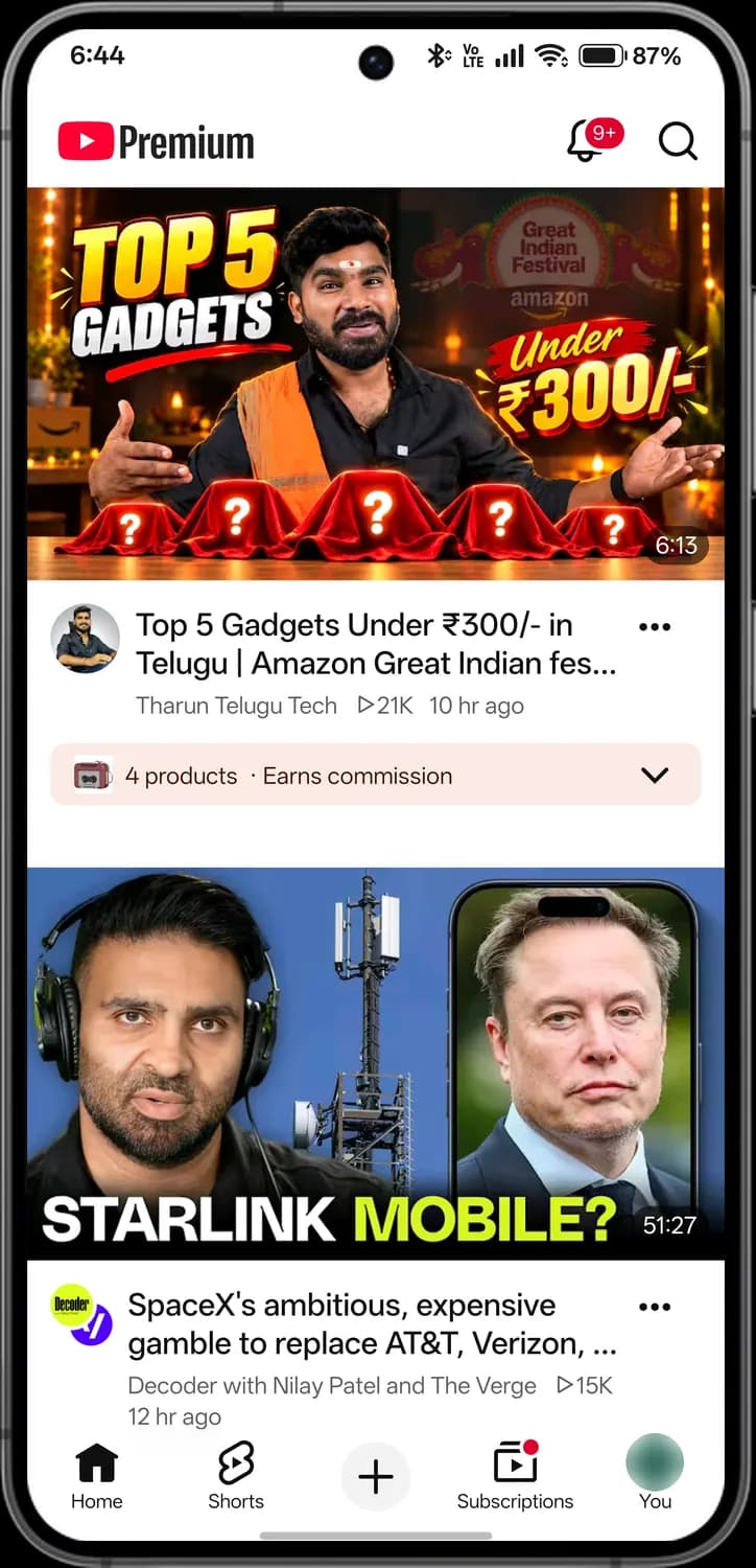 YouTube home screen with each icon numbered