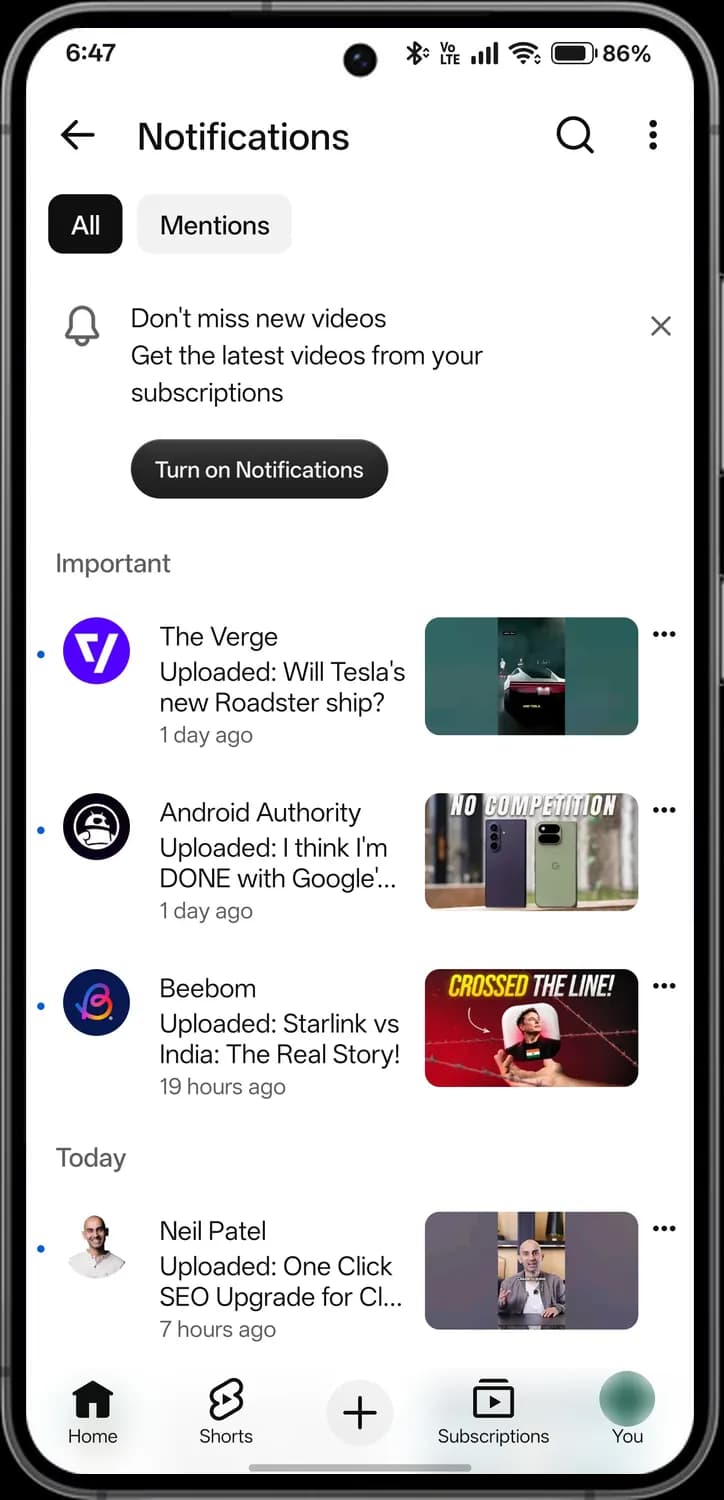 YouTube notifications screen with each icon numbered