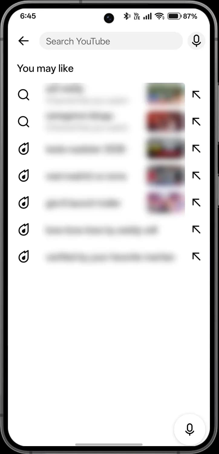 YouTube search screen with each icon numbered, screen 1 of 3