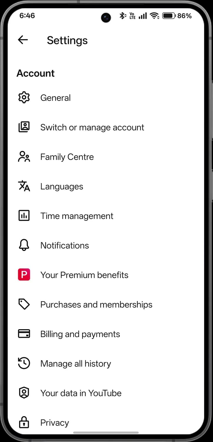 YouTube settings screen with each icon numbered, screen 1 of 3
