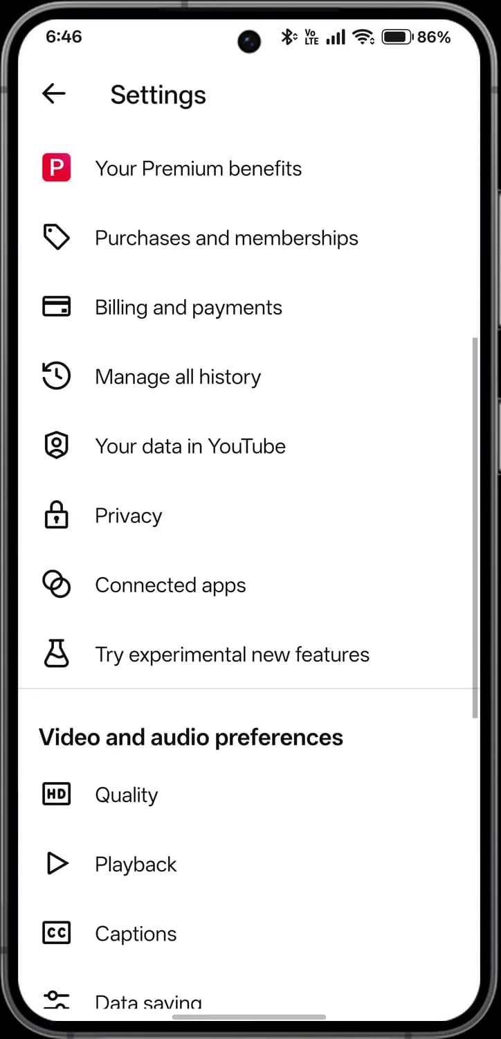YouTube settings screen with each icon numbered, screen 2 of 3