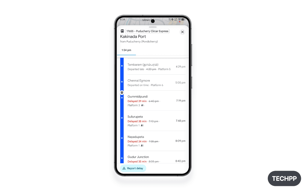 Select train to see live running status timeline and delay updates