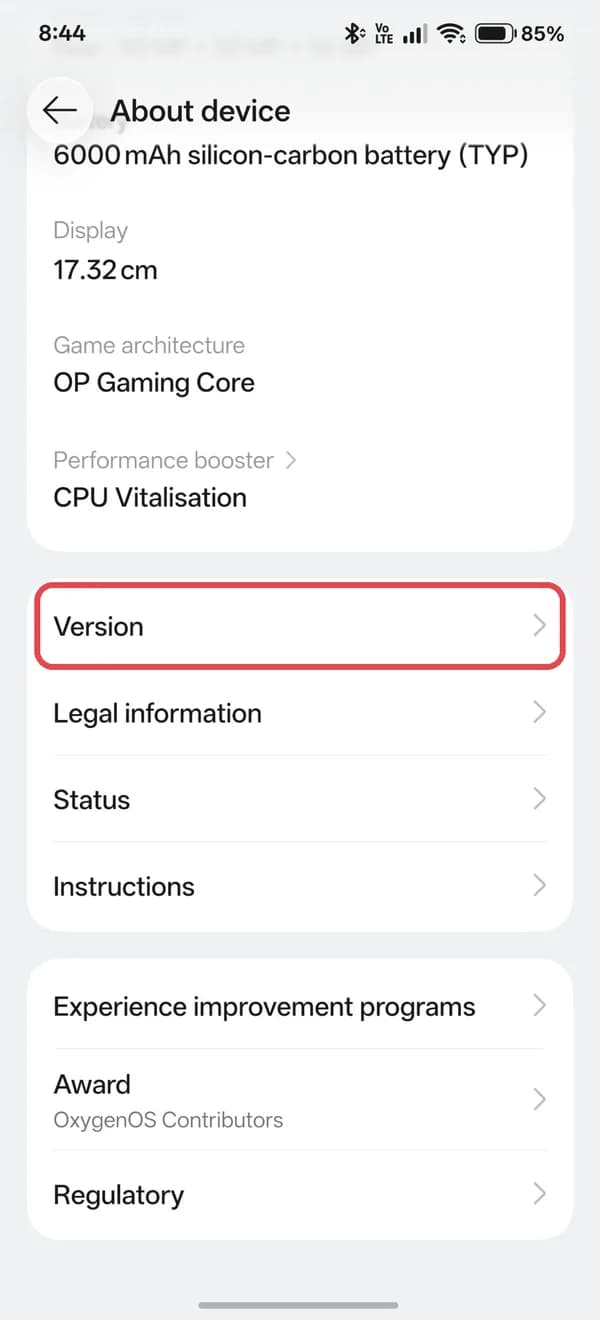 About device with Version highlighted