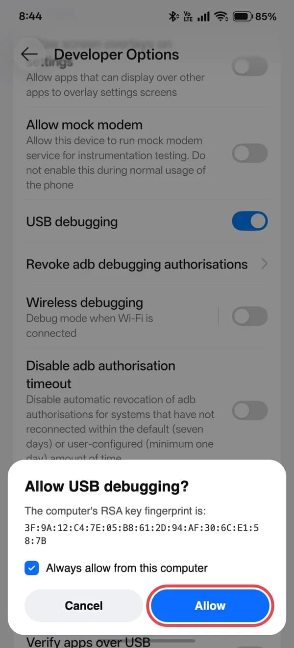 The Allow USB debugging prompt with Always allow from this computer ticked
