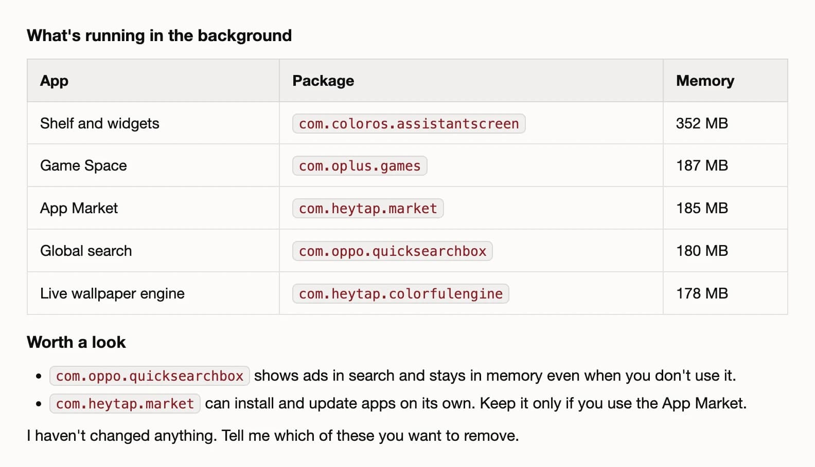 Claude Code listing the background apps using the most memory on a OnePlus 13