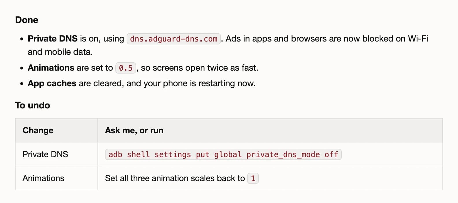 Claude Code confirming Private DNS, faster animations and cleared caches, with how to undo each