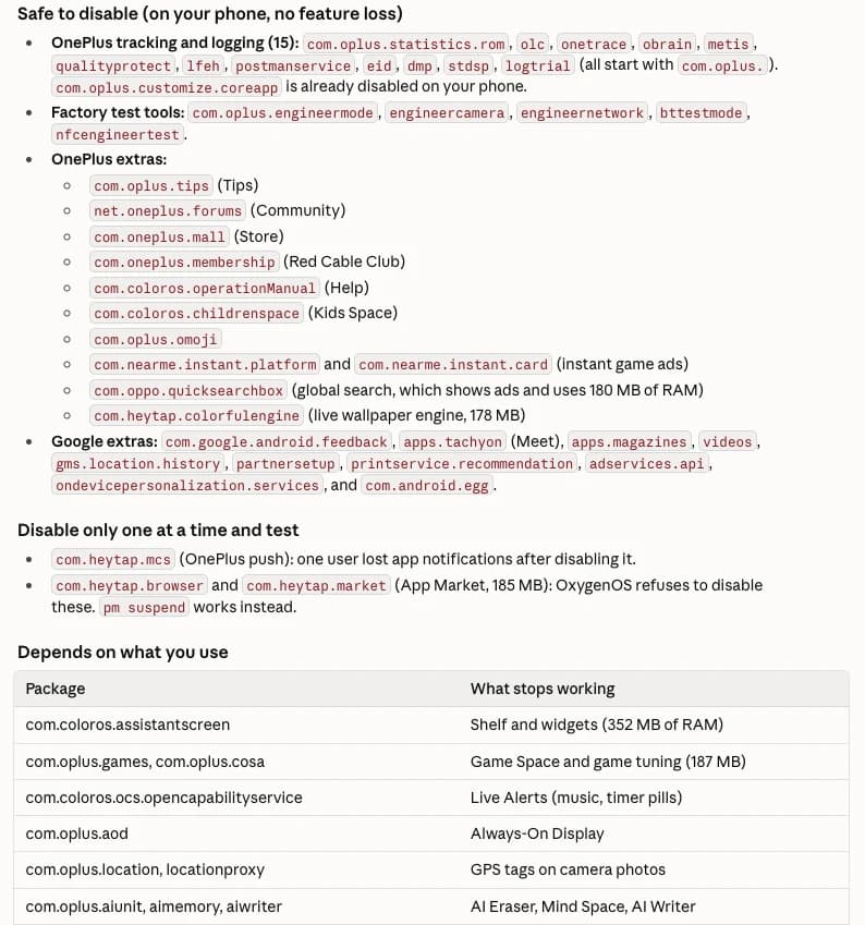 Claude Code listing OnePlus apps that are safe to disable, ones to test one at a time, and ones that depend on what you use
