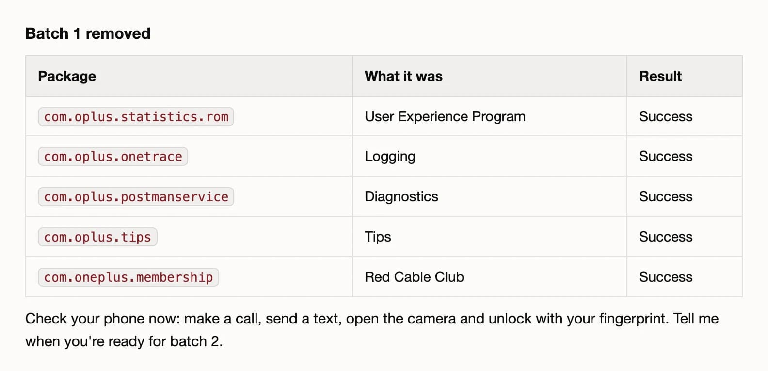 Claude Code showing the first five apps removed and asking you to check the phone