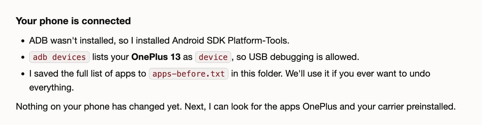 Claude Code reporting that ADB is installed, the phone is connected and the app list is saved