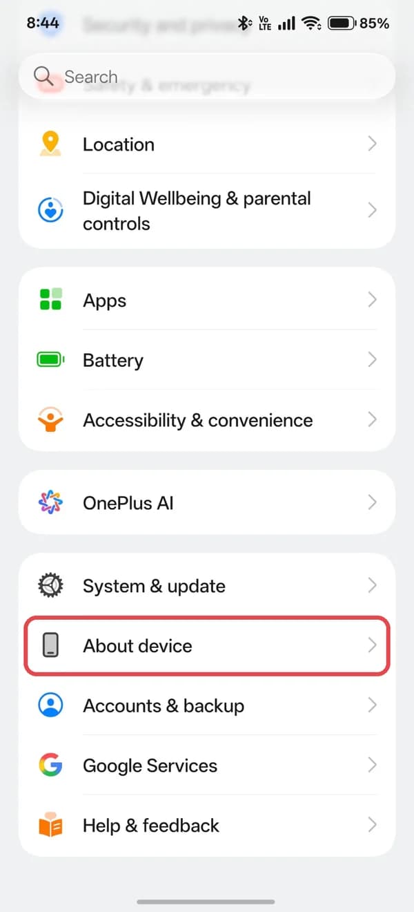 OnePlus Settings with About device highlighted