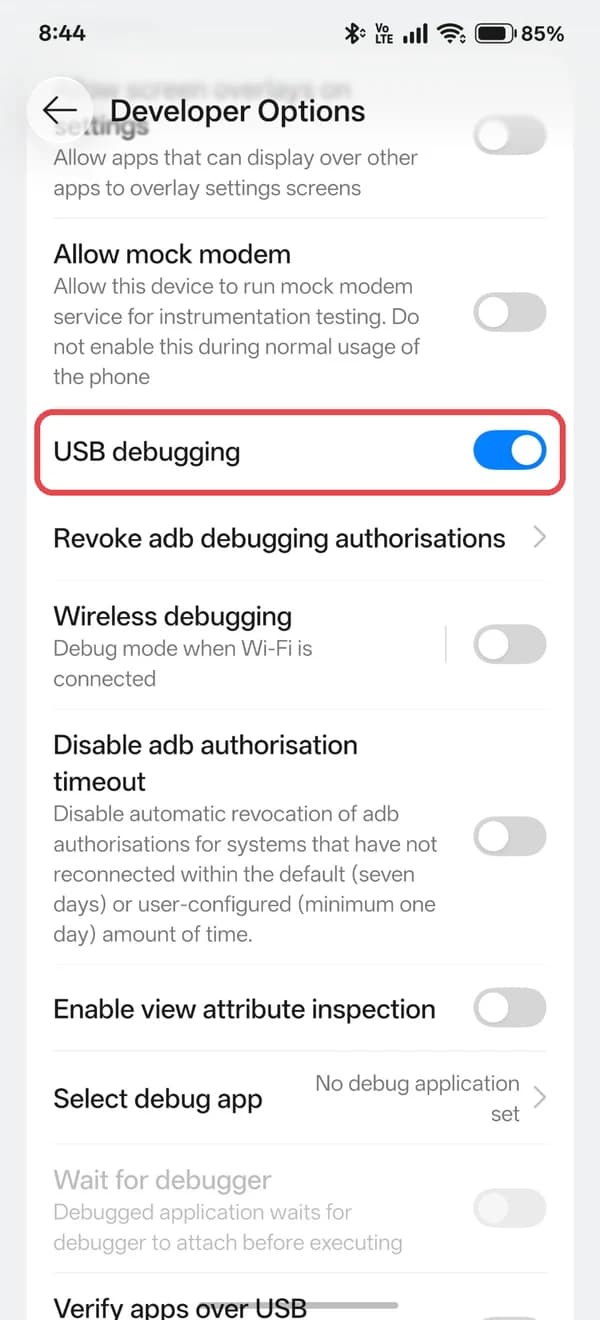 Developer Options with the USB debugging switch turned on