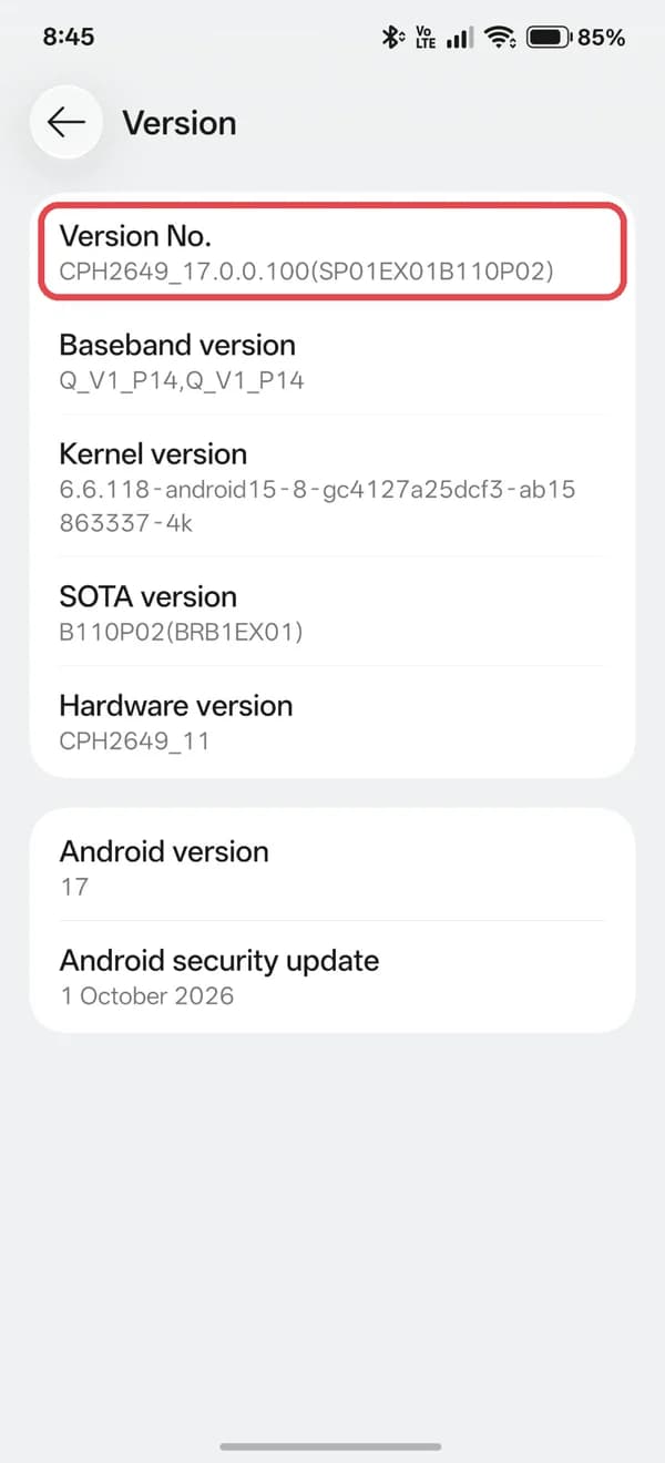 The Version screen with Version No. highlighted