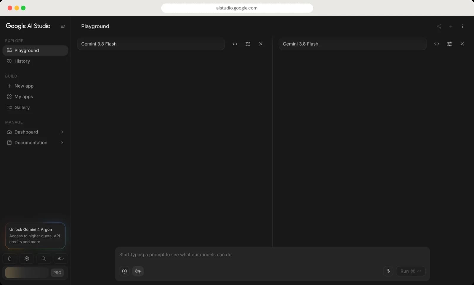 Google AI Studio compare mode screen with each control numbered