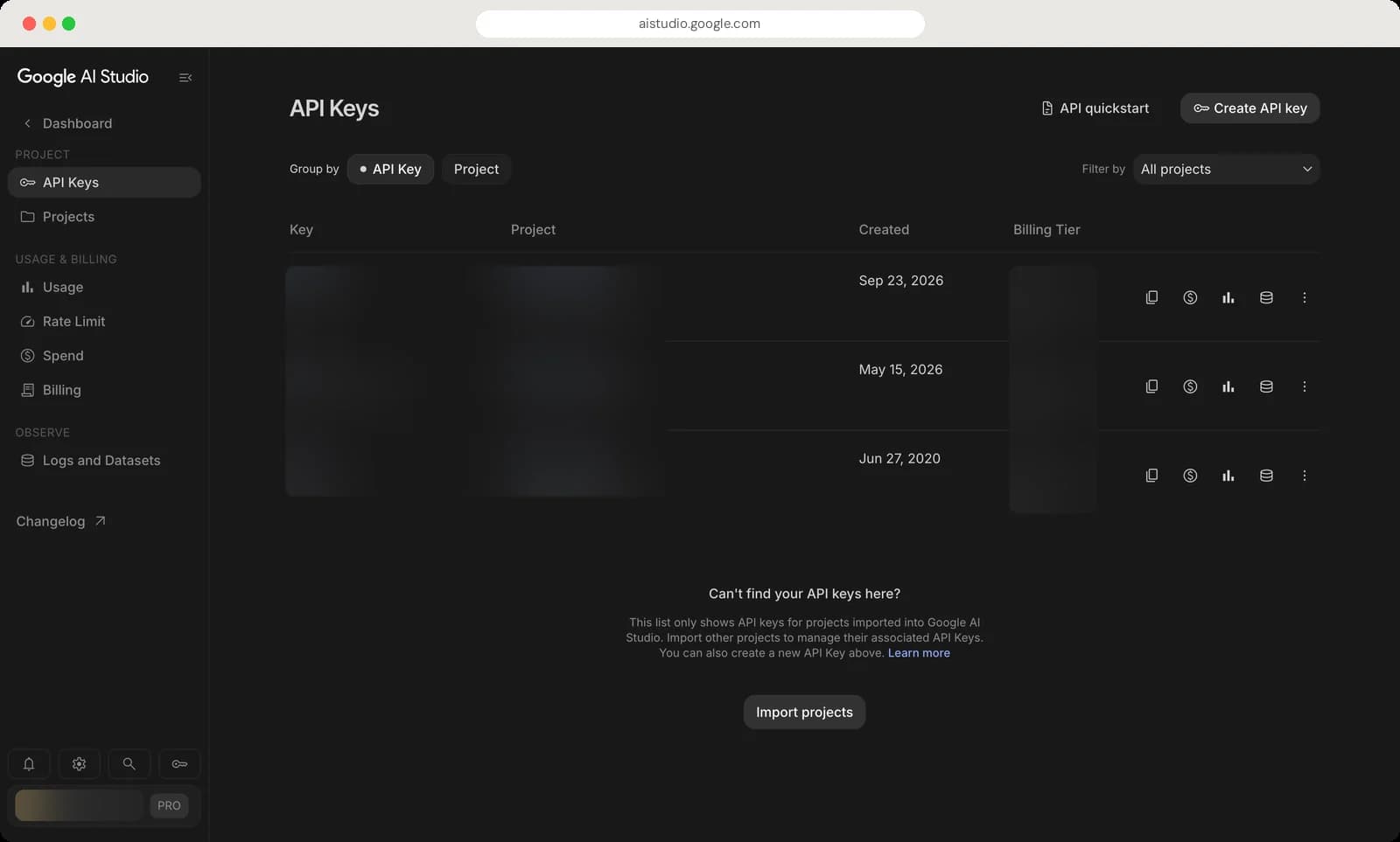 Google AI Studio dashboard: api keys and limits screen with each control numbered, screen 2 of 4