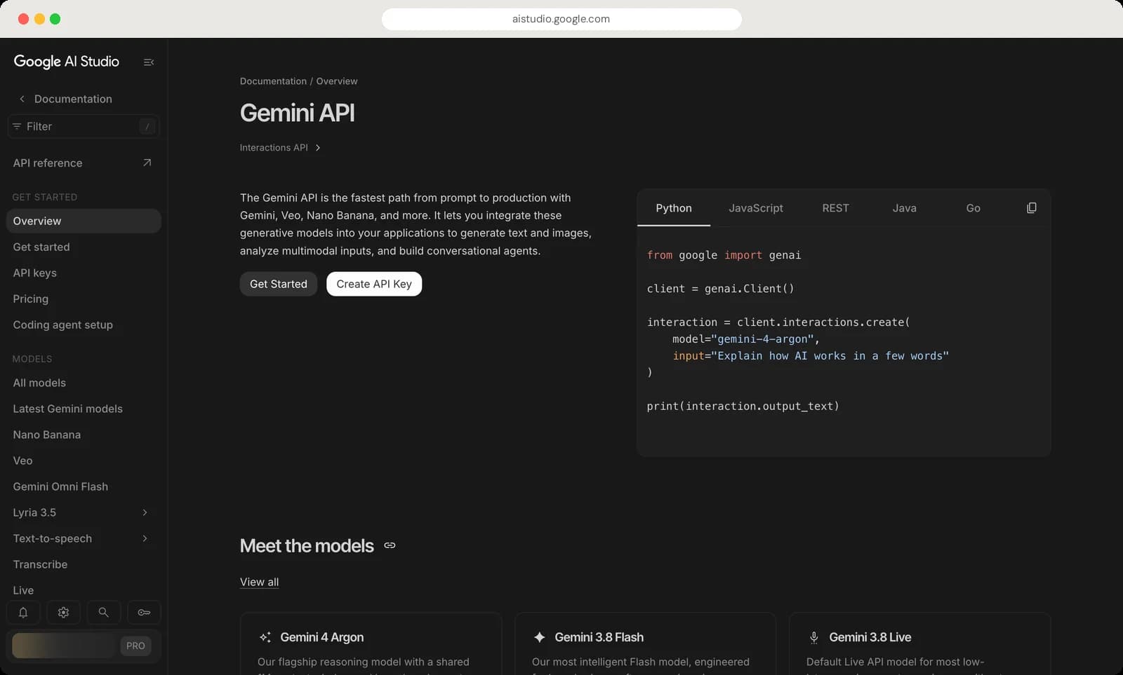 Google AI Studio docs, settings and account screen with each control numbered, screen 1 of 5