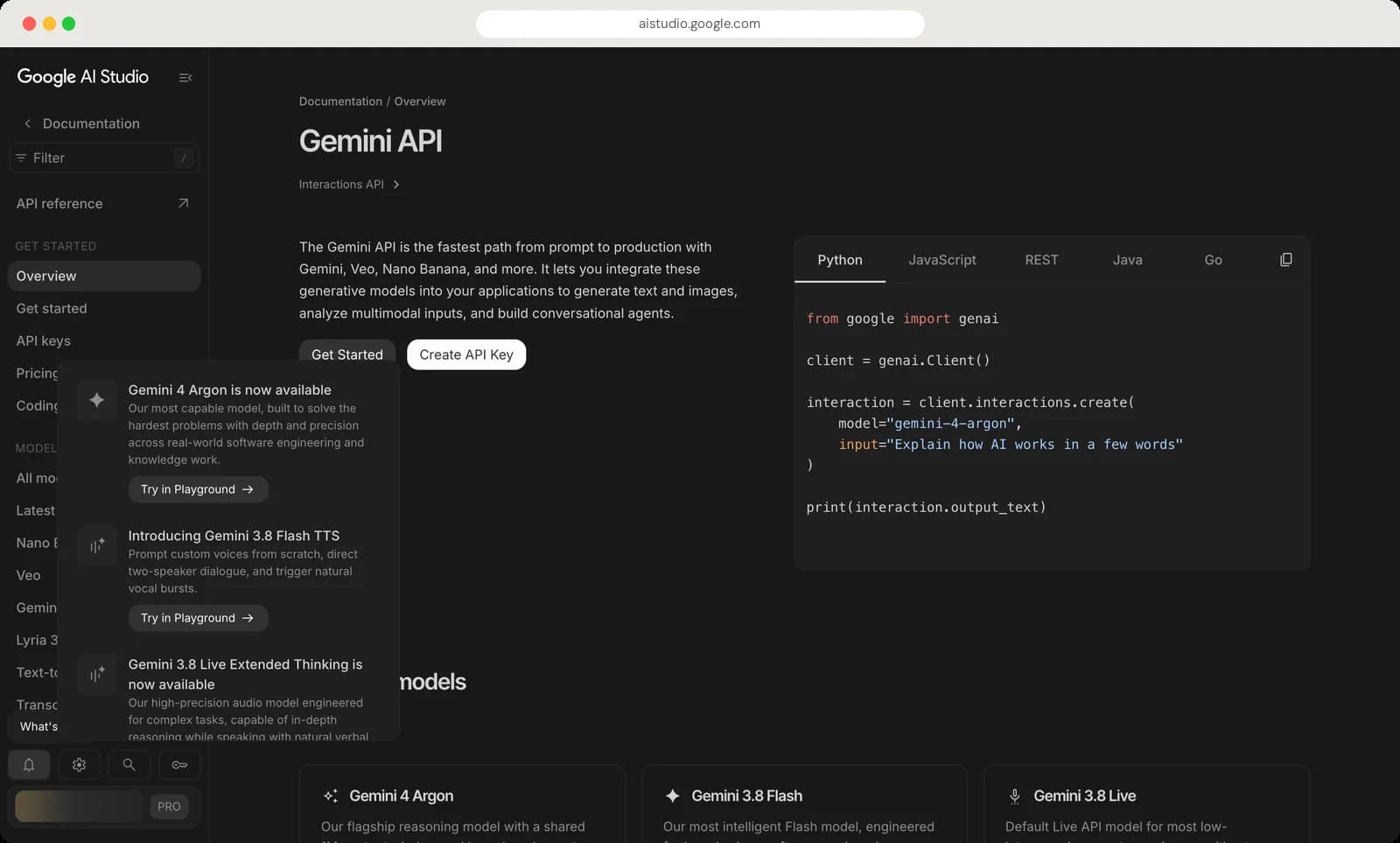 Google AI Studio docs, settings and account screen with each control numbered, screen 2 of 5