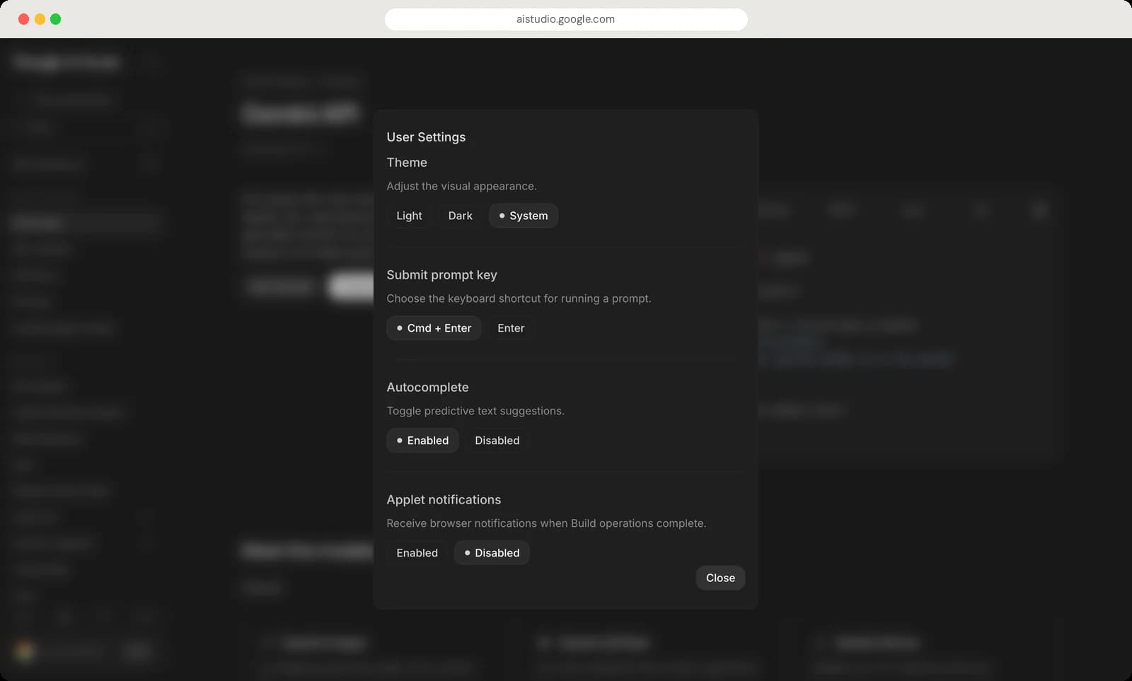 Google AI Studio docs, settings and account screen with each control numbered, screen 4 of 5