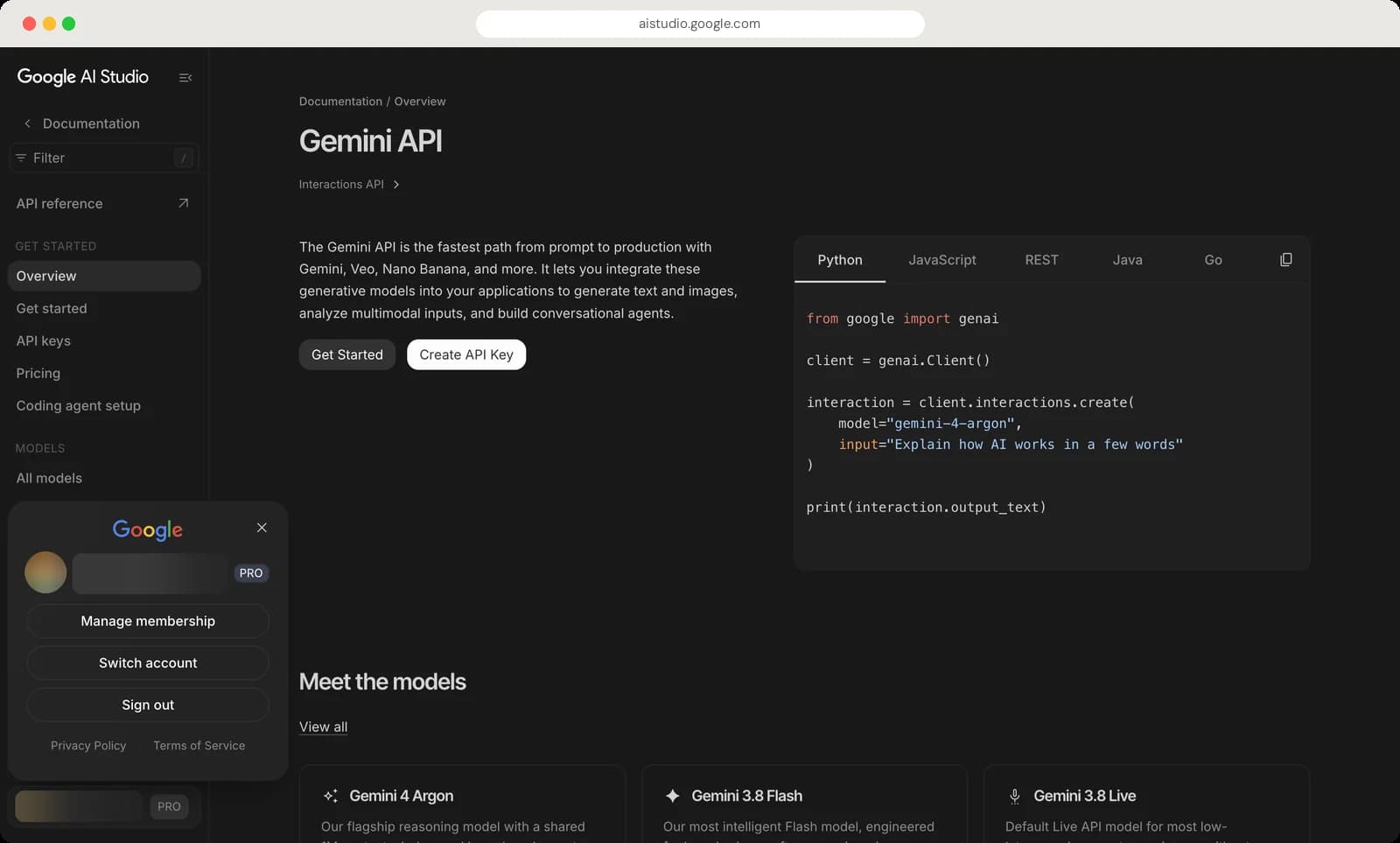 Google AI Studio docs, settings and account screen with each control numbered, screen 5 of 5
