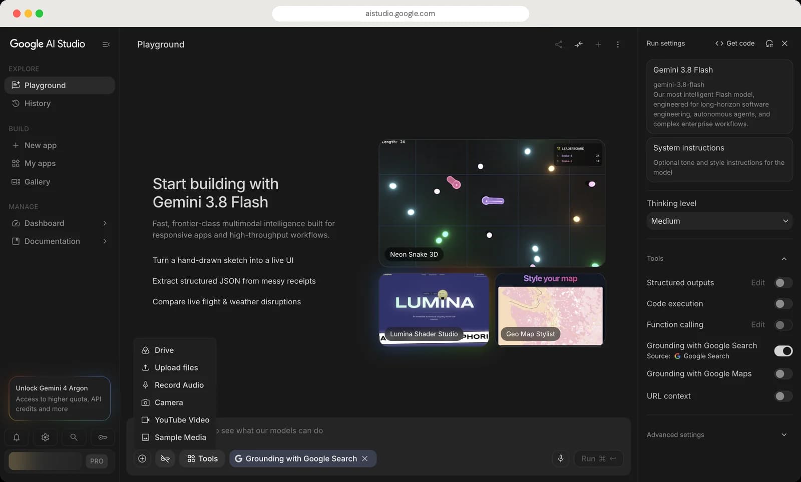 Google AI Studio insert and tools menus screen with each control numbered, screen 1 of 2