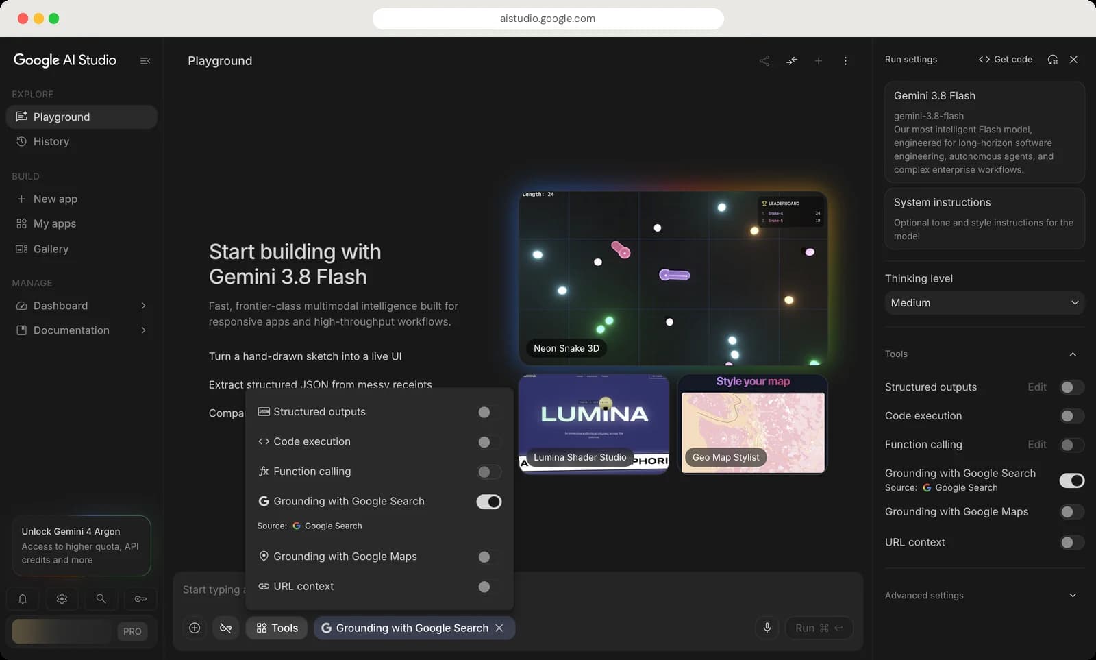 Google AI Studio insert and tools menus screen with each control numbered, screen 2 of 2