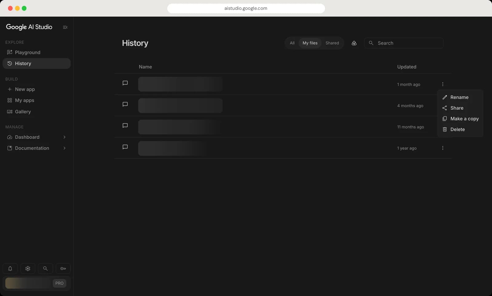 Google AI Studio history, my apps and gallery screen with each control numbered, screen 1 of 3