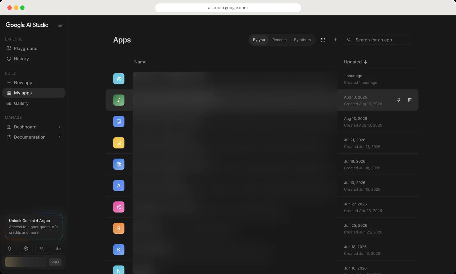 Google AI Studio history, my apps and gallery screen with each control numbered, screen 2 of 3