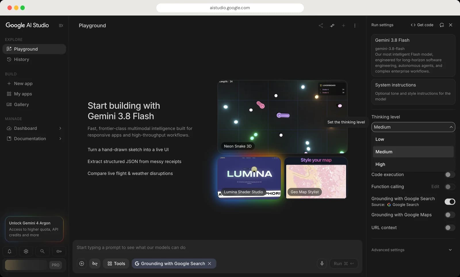 Google AI Studio choosing a model screen with each control numbered, screen 2 of 2