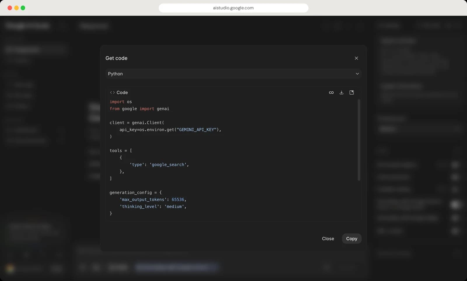 Google AI Studio advanced settings, instructions and code screen with each control numbered, screen 3 of 3