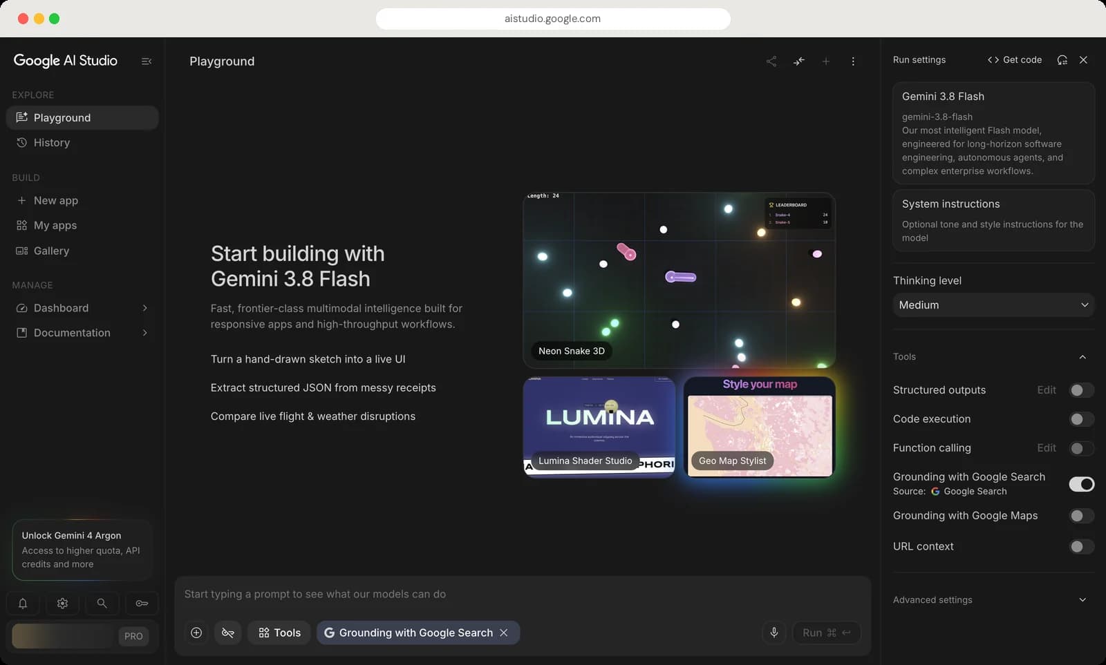Google AI Studio playground screen with each control numbered, screen 1 of 4