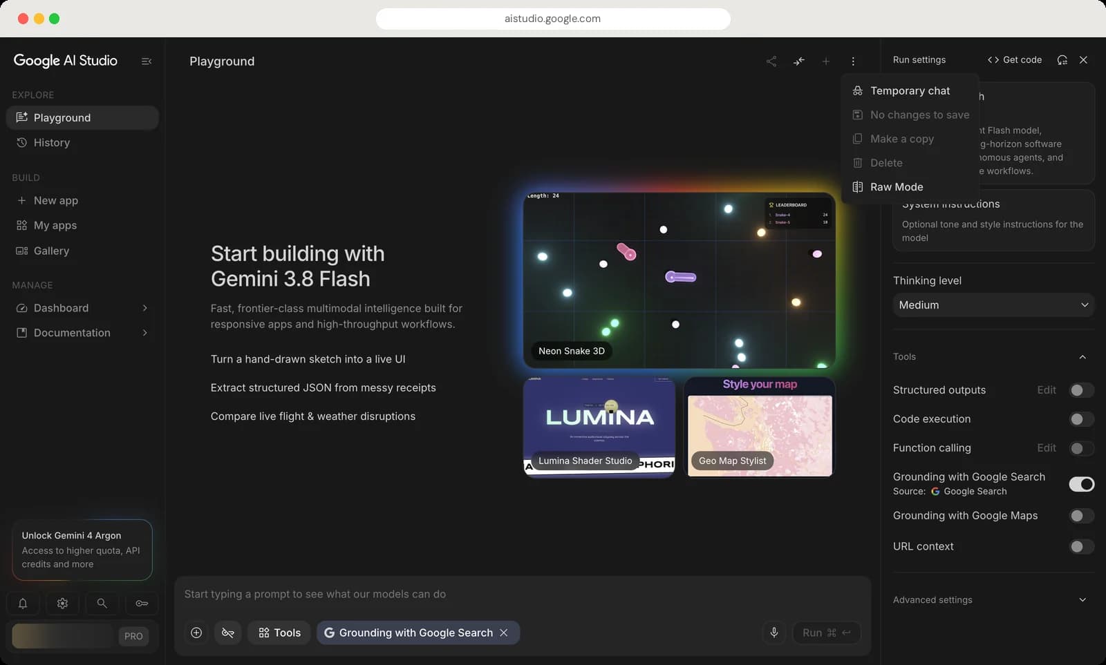 Google AI Studio playground screen with each control numbered, screen 4 of 4