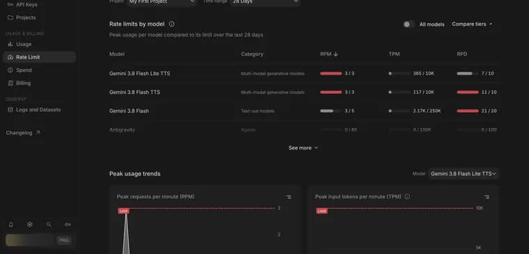 Peak usage trends in Google AI Studio, zoomed in