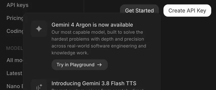 Announcement in Google AI Studio, zoomed in