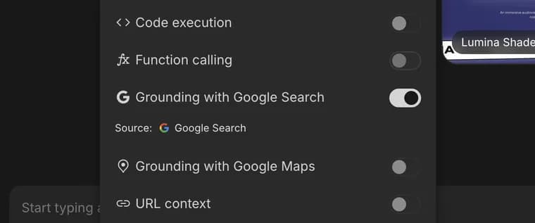 Grounding with Google Search in Google AI Studio, zoomed in