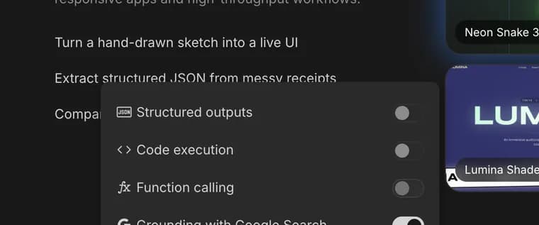 Structured outputs in Google AI Studio, zoomed in