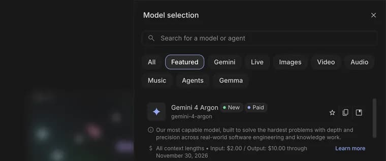 Search models in Google AI Studio, zoomed in