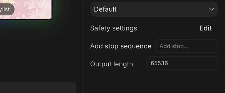 Stop sequence in Google AI Studio, zoomed in
