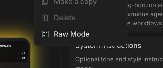 Raw Mode in Google AI Studio, zoomed in