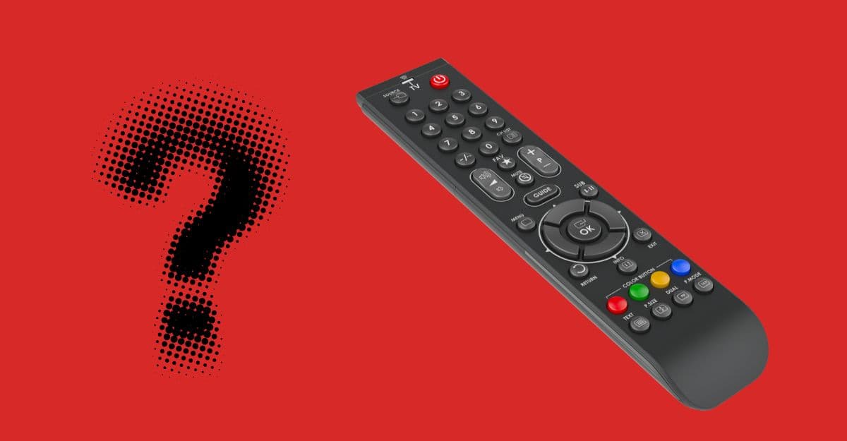 A TV remote next to a question mark on a red background