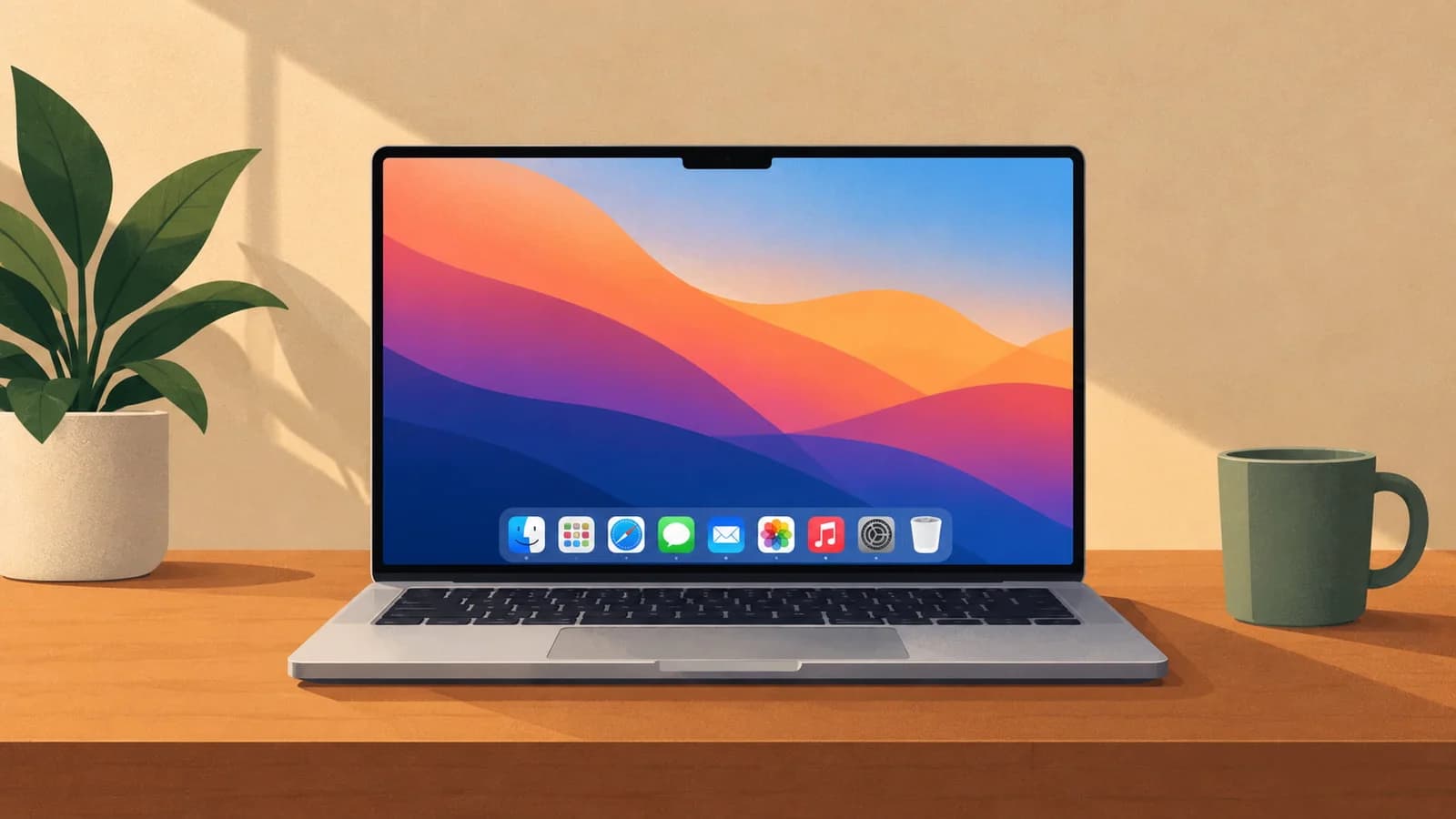 A MacBook on a wooden desk with a plant and a mug