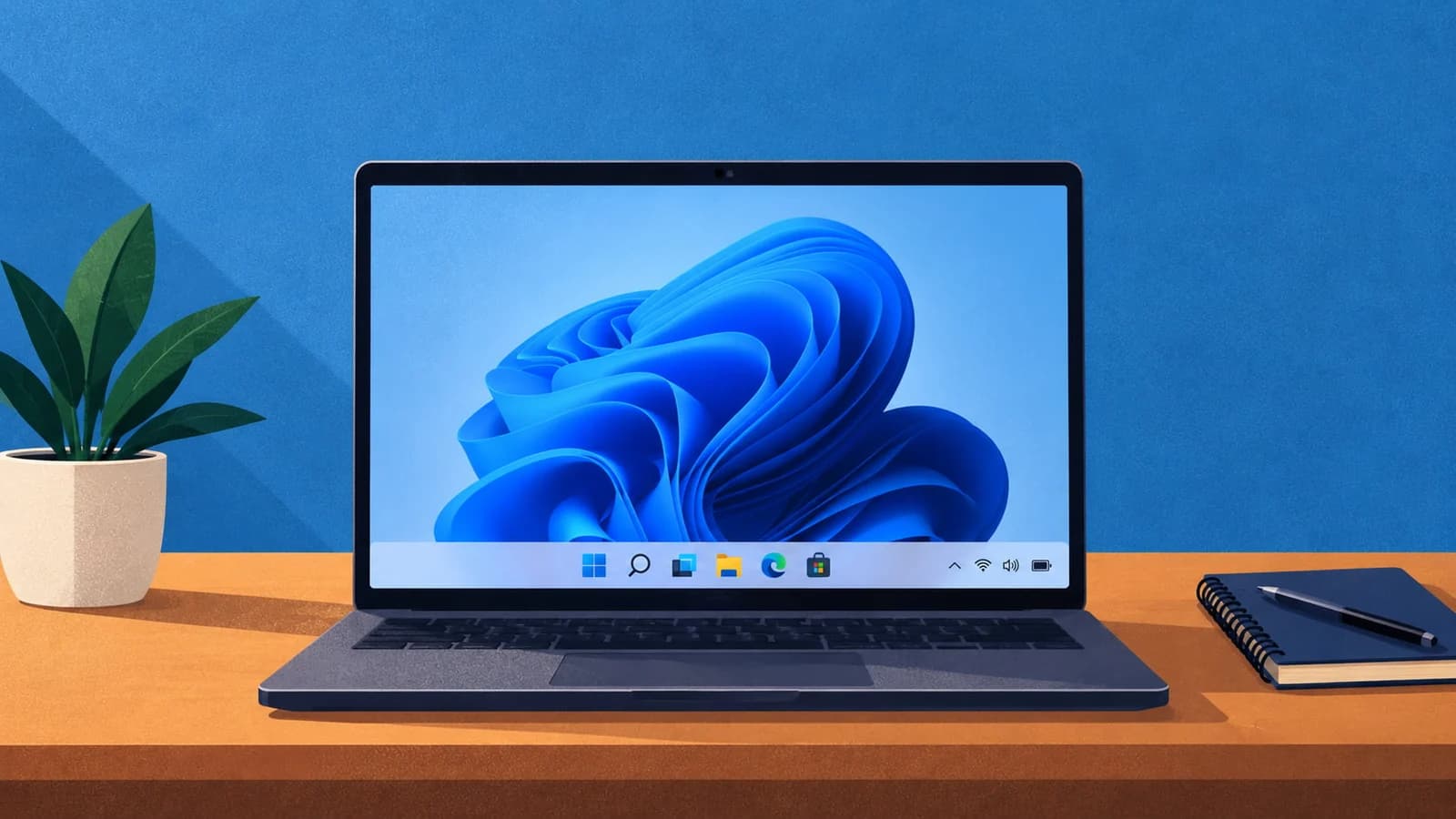 A Windows 11 laptop on a wooden desk with a plant and a notebook