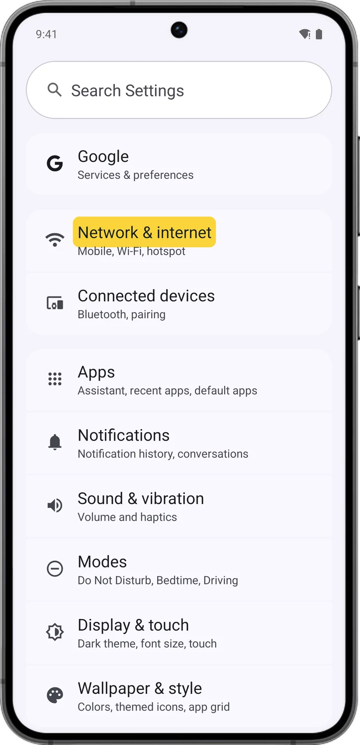 Android, step 1: Open Network & internet