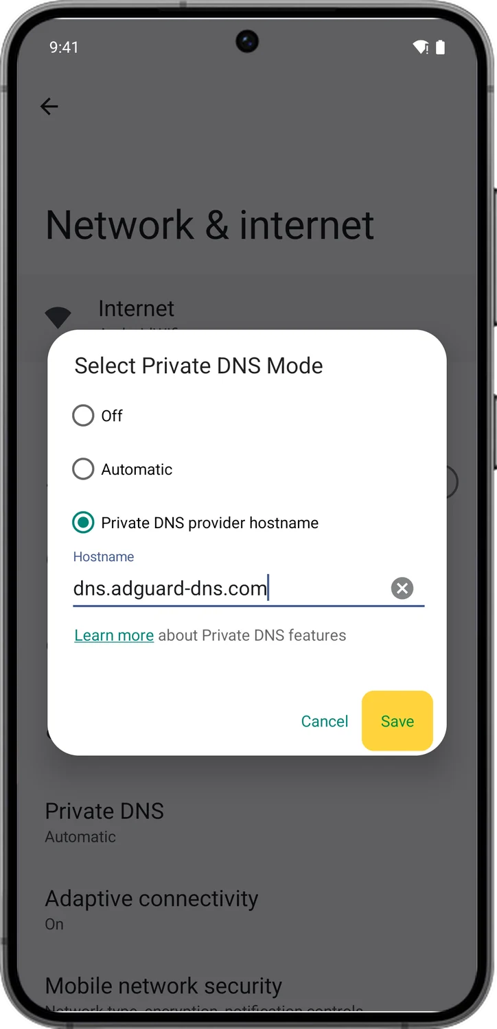 Android, step 4: Type the hostname and save