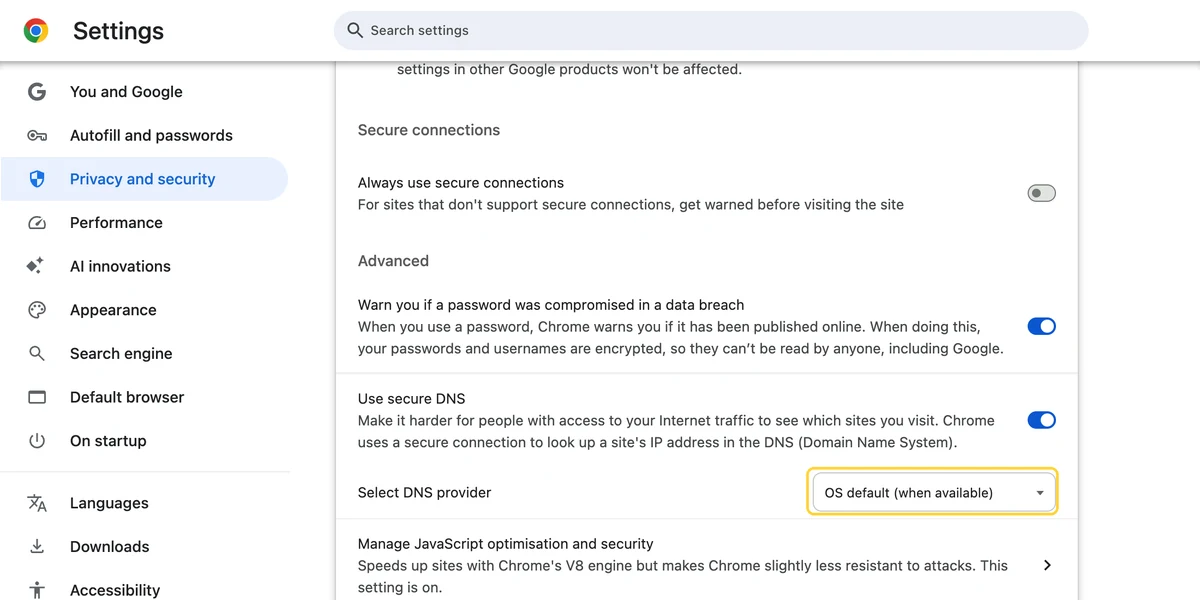 Chrome, step 1: Find Use secure DNS