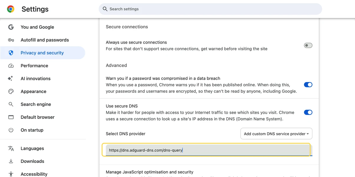 Chrome, step 2: Add the DNS over HTTPS address