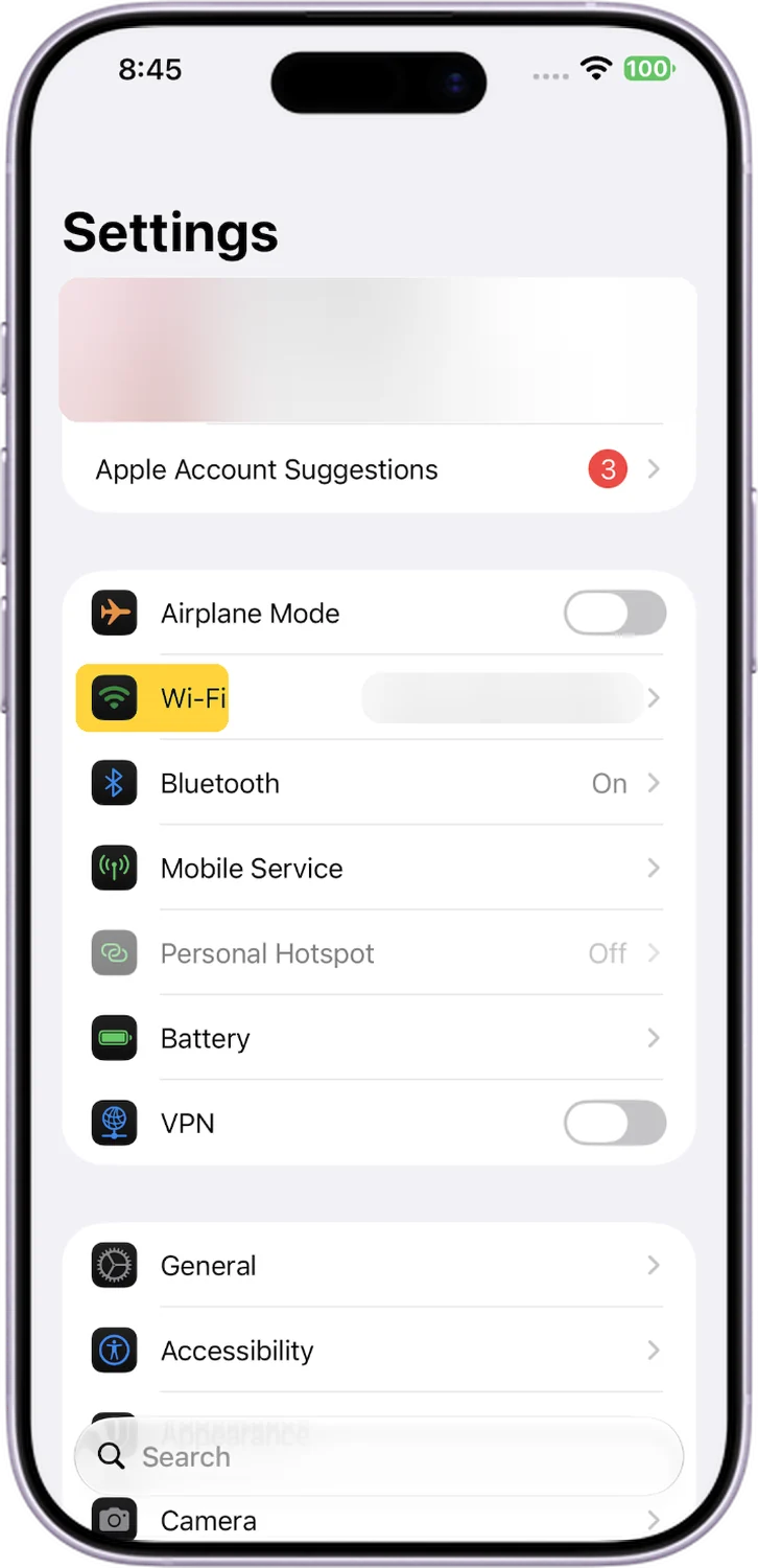 iPhone, step 1: Open Wi-Fi