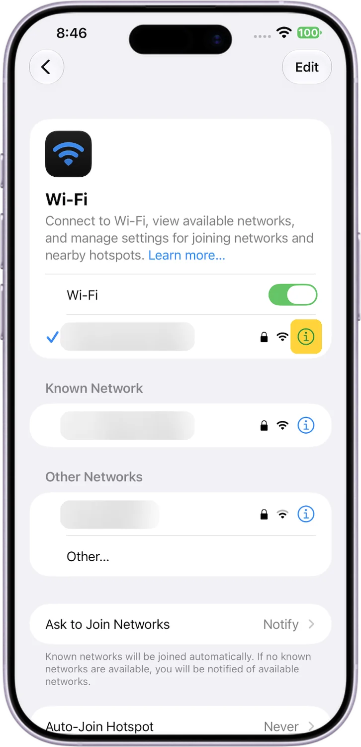 iPhone, step 2: Open your network's details